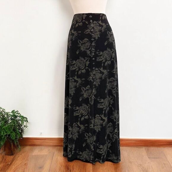 Vintage Esse Black Rose Floral Button 90s Maxi Skirt Peasant Large XL - Picture 1 of 5